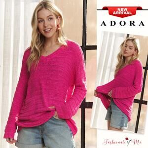 ADORA Textured V-Neck Drop Shoulder Long Sleeves Pullover Sweater | Deep Rose